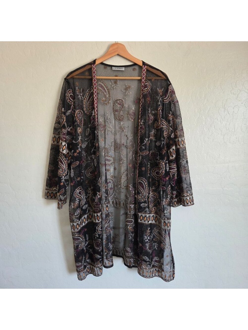 Catherines Sheer Embroidered Open-Front Kimono Duster Black OS Boho Whimsigoth